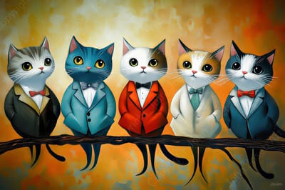 John Joseb Art (Canvas) 120x80 |Grappige poezen in kostuum op een tak, kleurrijk, humor, kunst, rood, blauw, bruin, modern, poes, kat | Foto-Schilderij canvas print (wanddecoratie)