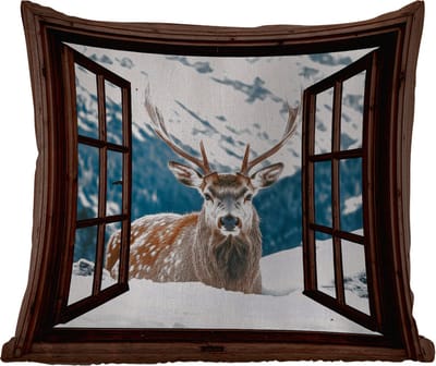 Sierkussen Buiten - Hert - Landschap - Winter - Natuur - Dieren - Doorkijk - Bergen - 60x60 cm - Weerbestendig