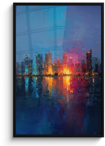Poster in lijst - Fotolijst 80x120 cm - Posters - Skyline - Penseelstreken - Donkerblauw - Lichtgevend - Posterlijst zwart - Decoratie - Wanddecoratie woonkamer - Muurdecoratie slaapkamer