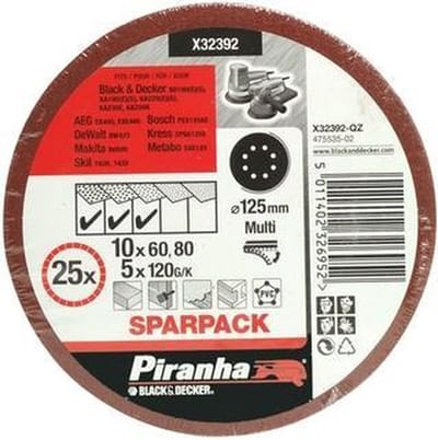 Piranha Sparpack 125 mm excenter; korrel 60 (10x), 80 (10x), 120 (5x), 25 stuks X32392
