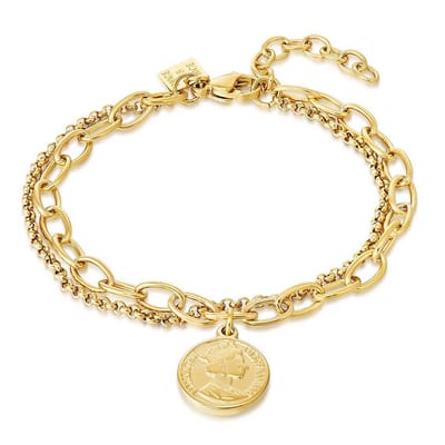 Twice As Nice Armband in goudkleurig edelstaal, munt op 2 verschillende kettingen 16cm+3cm