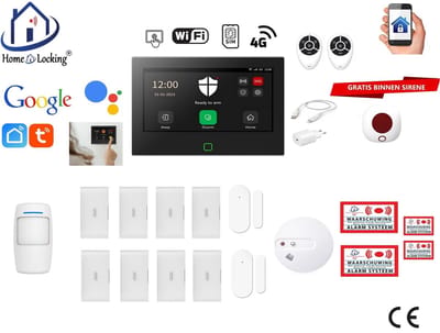 Draadloos / bedraad alarmsysteem met 7-inch touchscreen voor woning/camper/boot/caravan werkt met wifi en sim kaart en met spraak gestuurde apps. (Nederlands of Frans stem en tekst). ST01B-73