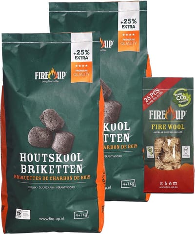 BBQ starterspakket - houtskool briketten 10 kilo - barbecue aanmaak houtwolkrullen 25x