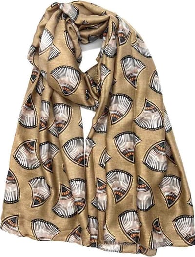 Lange dames sjaal Annie fantasiemotief schelpenmotief beige bruin zwart wit goud