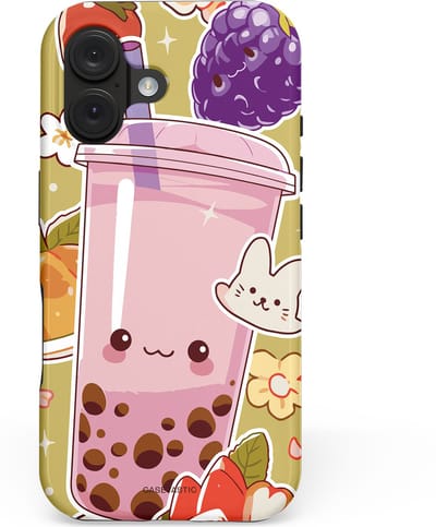 Casetastic hoesje geschikt voor Apple iPhone 16 - MagSafe - Dubbellaagse bescherming - Roze Rode Kawaii Bubbletea Korea - Fashion Case - Goud Beige Lichtroze Perzik