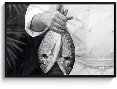 Poster in lijst - Fotolijst 120x80 cm - Posters - Vissen - Chef - Zwart - Wit - Posterlijst zwart - Decoratie - Wanddecoratie woonkamer - Muurdecoratie slaapkamer