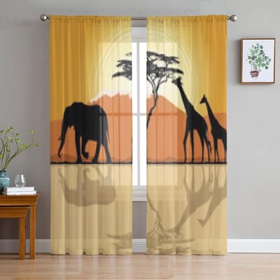 Afrikaans Landschap Giraffen En Olifant Transparante Gordijnen Voor Slaapkamer Woonkamer Tule Gordijnen Voor Keukenraam Voile Gordijnen 135W x 114H(cm) beige