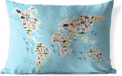 Buitenkussens - Tuin - Wereldkaart met dieren voor kinderen - 60x40 cm