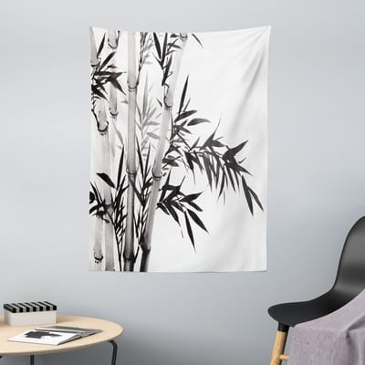 ABAKUHAUS Zwart-wit wandtapijt, Chinese kalligrafie, 110 x 150 cm, grijs en wit