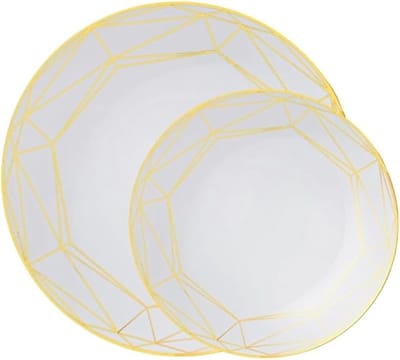 Decorline -32 Elegante Stabiele Herbruikbare Plastic Borden | Metrix Collectie | Wit met gouden rand.Duurzaam serviesset voor voor Kerstmis,Bruiloften, Verjaardagen, Feesten en Evenementen.