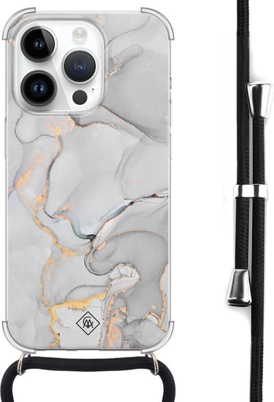 Casimoda® hoesje met koord - Geschikt voor iPhone 14 Pro - Marmer Grijs - Afneembaar koord - Siliconen/TPU - Grijs