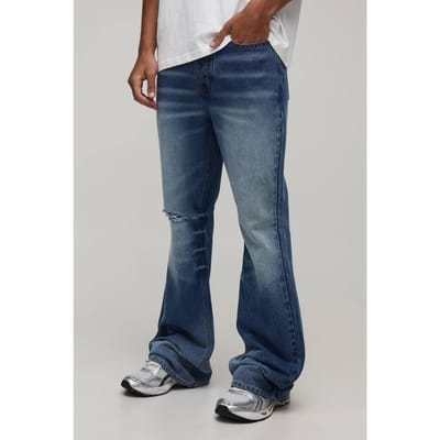 Gekreukte Wassing Gescheurde Knie Wijduitlopende Jeans | Antique Blue | Size 32R