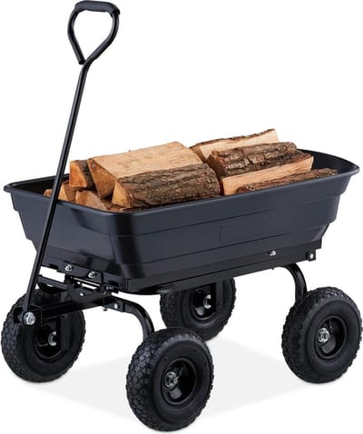 Bolderkar Tuinkar - Kiepfunctie - Tuinafval - 4 Luchtbanden - 3.50-4 - 250 kg - Grote Handwagen - Zwart