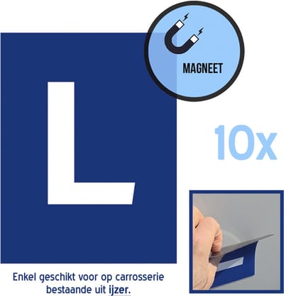 Magneten (standaard formaat) (10 stuks) | "L" Leerling | 11 x 15 cm | Voordeel pakket voor rijscholen | Leren rijden | Pictogram | Rijbewijs | Rijschool | Lesauto | Gemakkelijk te verwijderen | 10 stuks