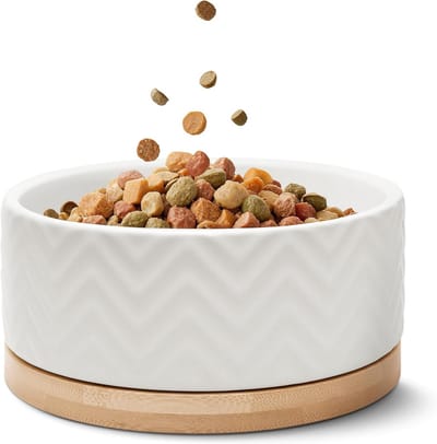 Moderne hondenbak van keramiek met bamboebodem 990ml - Antislip en vaatwasmachinebestendig - Voerbak voor grote en kleine honden