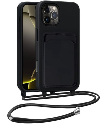 Hoesje Geschikt voor iPhone 16 Pro Telefoonhoesje Met Koord Case Pashouder Siliconen - Hoes Geschikt voor iPhone 16 Pro Hoesje Met Kaarthouder - Zwart