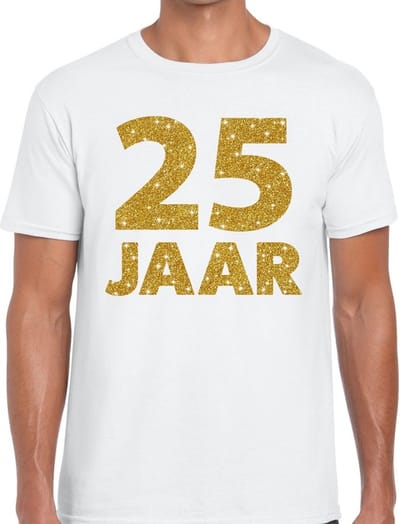 25 jaar verjaardag t-shirt - wit - voor heren - goud glitters print - jubileum - leeftijd - korte mouwen S