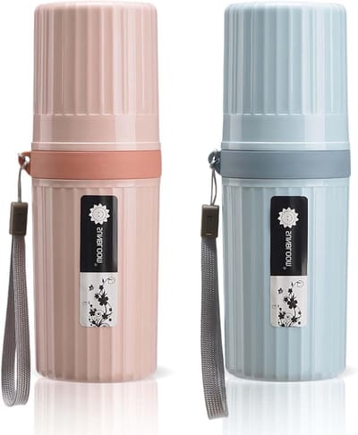 Tandenborstel etui - Reisbeker set - Hygiëne op reis - Dubbele functie - 20.5 cm - Roze en blauw