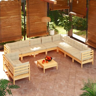 vidaXL - 11-delige - Loungeset - met - crèmekleurige - kussens - grenenhout