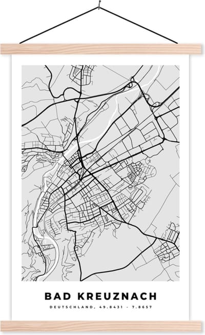 Posterhanger incl. Poster 40x60 cm - Schoolplaat - Stadskaart - Bad Kreuznach - Plattegrond - Kaart - Duitsland - Textielposter - Blanke latten - Stadskaart