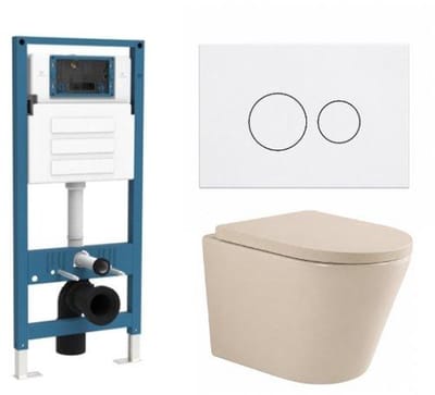 QeramiQ Dely Toiletset - inbouwreservoir Qeramiq Flush - 35mm zitting - kunststof glans witte bedieningsplaat - ronde knoppen - beige