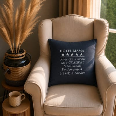 Kussen Kussenhoes met tekst bedrukt cadeau tekstbord plekje | hotel mama | grijs met wit | 50x50 cm | moederdag verjaardag oma vrouw voor de liefste aanstaande geboorte baby zwangerschap aankondiging bekendmaking moeder ouders