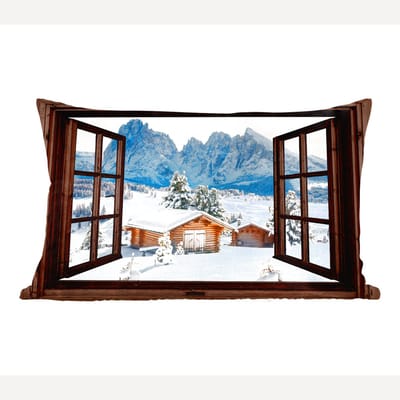 Sierkussens - Kussentjes Woonkamer - 60x40 cm - Doorkijk - Winter - Landschap - Huisje - Bergen