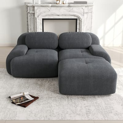 BLACKCOLORS Hoekbank 82'' van zacht corduroy, modulair te combineren met gebogen armleuningen, zonder montage, hoogelastische schuimvulling voor de woonkamer, ontspanningsruimtes en slaapkamer, grijs