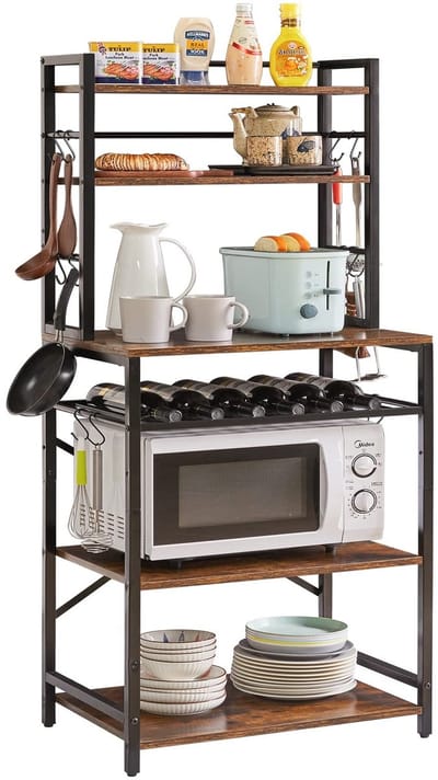 Dailygoods - YMYNY HBR003H Keukenrek, bakkersrek, staand rek met haken, magnetronrek met 6 planken, wijnrek, industrieel design, multifunctionele organizer, voor magnetron, kookgerei, bruin-zwart