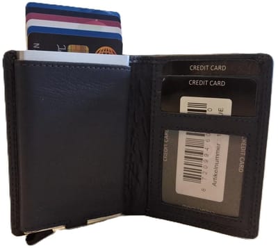 OI blauwe leren portemonnee met Figuretta pasjeshouder en plaats voor klein geld / Compact portemonneetje met Cardprotector en muntvak / compleet beursje met RFID SAFE kastje / metalen pasjeshouder in anti skim portemonnee / blauw leer / 145Blue