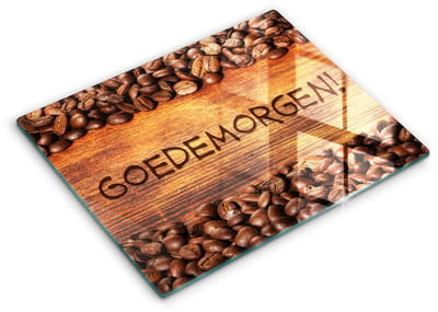 Wallfluent Glazen Snijplanken - Koffiebonen, Goedemorgen! Snijplanken Glas - 40 cm x 52 cm - Bruin Snijplanken van Glas - Snijplank van Glas - Design Glazen Snijplank Keuken - Antislip Glazen Serveerplank