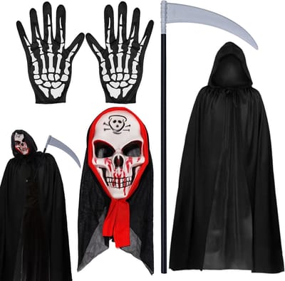 Grimmige Doodskop Kostuum met Skeletmasker en Handschoenen voor Volwassenen en Kinderen, Perfect voor Rollenspel en Halloween Feestjes