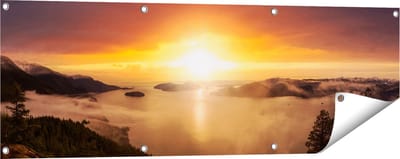 Gards Tuinposter Zonsondergang in de Bergen met Wolken - 120x40 cm - Tuindoek - Tuindecoratie - Wanddecoratie buiten - Tuinschilderij