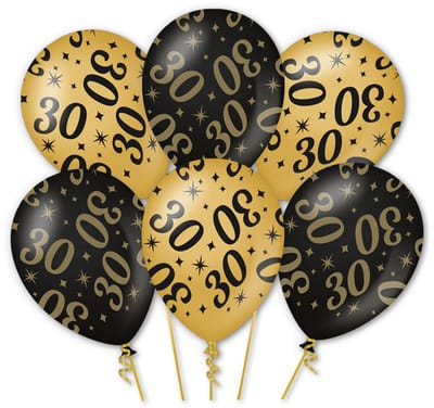Q2P - 30 jaar Ballonnen - Zwart & Goud - Helium Geschikt – 30e Verjaardag Decoratie - 6 Stuks
