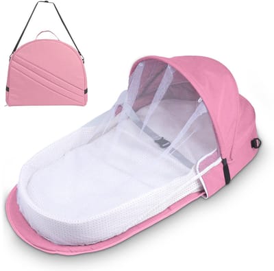 Soontrans Opvouwbaar Babynestje, Zacht Ademend Babybedje, Babynestje Met Muskietennet, Babyslaapzak 84 x 34 x 10 cm, Geschikt Voor Reizen en Uitstapjes - Roze