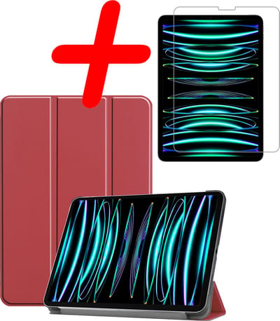 Hoesje Geschikt voor Apple iPad Pro (2022) - 11 inch - 4e generatie - Met Screenprotector - Trifold Bookcase - Hard Cover - Hardcover Book Case - Tablet Hoes - Donkerrood