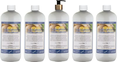 Bodylotion Fresh Ginger 1 Liter - met gouden pomp - set van 5 stuks - Voordeelverpakking