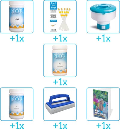 Zwembad Onderhoudspakket - Onderhoud Zwembad - bevat Chloor - Testrips - Chloordrijver - PH-min - PH-plus - Scrubborstel en Zwembadgids (7-delig)