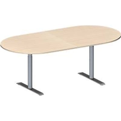 Schäfer Shop Genius Vergadertafel MODENA FLEX, in hoogte verstelbaar, zonder contactdoos, ovale vorm, T-poot ronde buis, B 2000 x D 1000 mm, esdoornpatroon