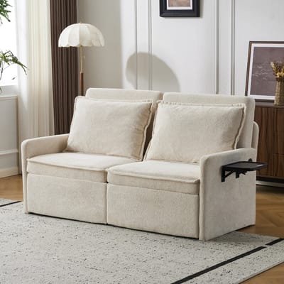 OKWISH Slaapbank – 2-Zits Bank Met Slaapfunctie En Vijfstanden Rugleuning – Met Usb Poort En Opbergvakken – Chenille – Beige