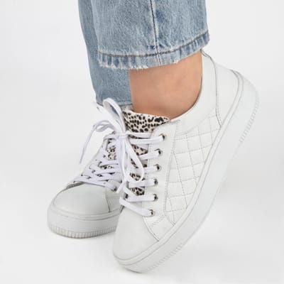 PS Poelman - maat 40- Esquimo Dames Quilted Leren Tennis Sneakers met Leopard Print - Wit