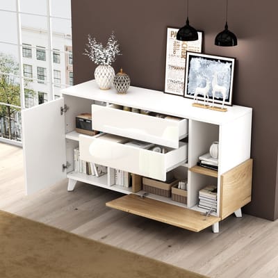 STILVORA Dressoir – Scandinavisch Minimalistisch Greeploos Hoogglans Wit+Lichtbruin Eiken – 1 Deur 2 Brede Lades Open Vakken Kanteldeur – Spaanplaat – 130x40x70 cm