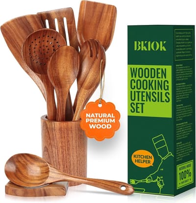 Houten keukengerei set - Naturel - 9-delig - Teakhout met Lepelsteun en Houder - Voor Koken en Serveren