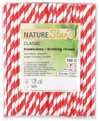 Nature Star - Papieren rietjes 100% biologisch afbreekbaar wegwerp rood/wit gestreept 100 stuks - plastic vrij!