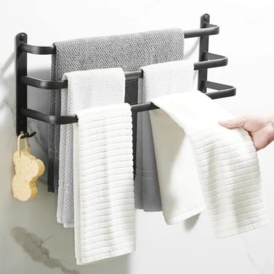 Linkforu - 3-Laags Handdoekrek – Handdoekstang - Ruimtebesparend Wandrek - Sneldrogend - Mat Zwart - Met Haken – 50 cm