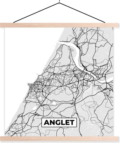 Posterhanger incl. Poster 40x40 cm - Schoolplaat - Kaart - Stadskaart - Anglet - Plattegrond - Frankrijk - Textielposter - Blanke latten - Stadskaart