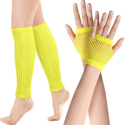 Neon Legwarmers en Net Handschoenen Set voor 80s Kostuumaccessoires in Fluorescent Geel - Unisex, Feest, Retro