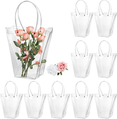 Set van 10 Doorzichtige Boeketzakken met Lange Handvatten - Transparante Geschenkverpakking voor Bloemen