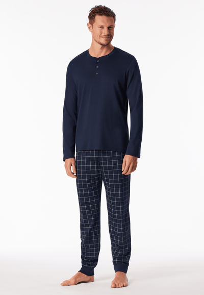 Lange pyjama van interlock met manchetten en knoopsluiting, nachtblauw geruit - Fine Interlock 56
