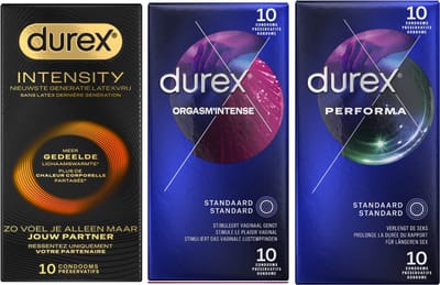 Durex - 30 stuks Condooms - Intensity 10st Nieuwste generatie ultradun, gedeelde lichaamswarmte - Orgasm Intense met Stimulerende Gel 10st - Performa vertragende effect 10st - Voordeelverpakking
